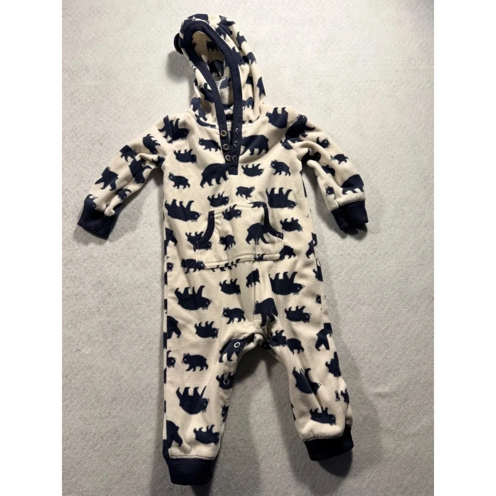 Carters Baby Boys Fleece Hooded Bear Print Romper Navy Cream 9 Months
